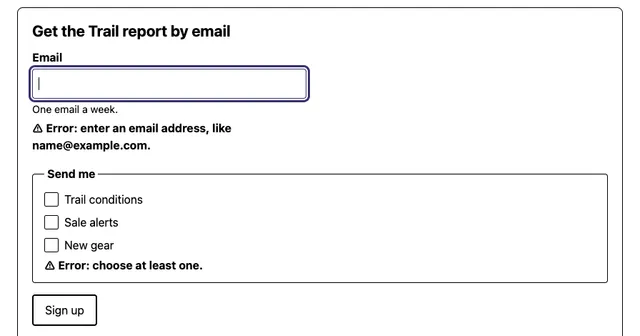 The fixed store's sign-up form in the same conditions. Three checkboxes are drawn with borders, both errors appear in words after a warning sign, the email field has a thick focus border, and Sign up has a button edge.