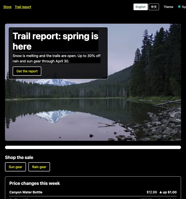 The same page under forced colors with a dark palette: black background, white text, yellow links, the photo unchanged, the headline on a black backplate, buttons as outlined boxes with yellow text, the gradient bar now solid white, and the price changes in white with their arrows and words.