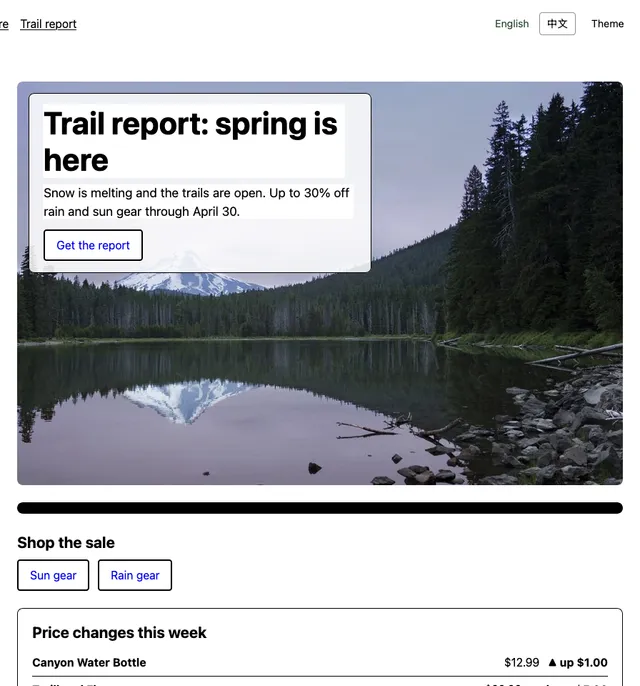 The same page with Firefox's color override: white background, black text, blue underlined links, the headline on a white backplate inside a bordered box, buttons with blue text and black borders, a solid black bar where the gradient was, and the price panel in black and white.