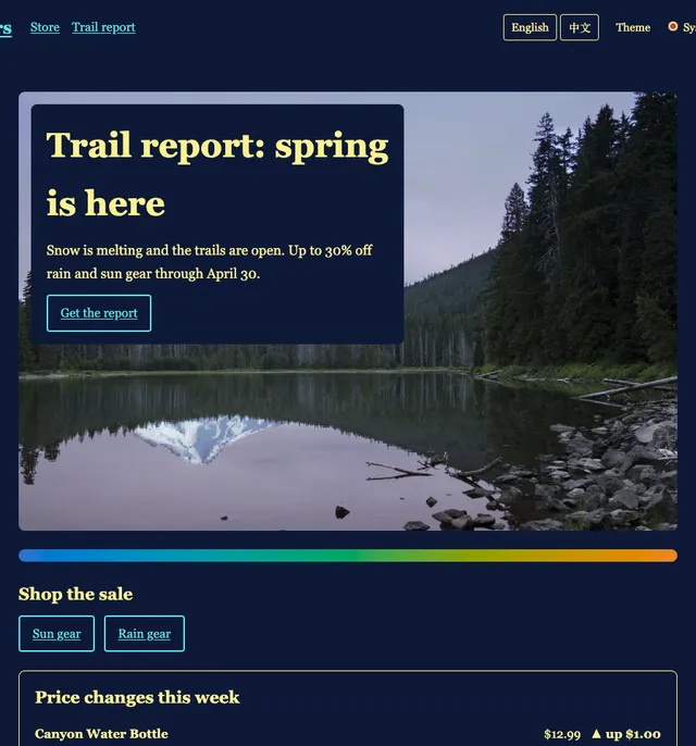 The same page under a reader's style sheet: a serif font throughout, pale yellow text on deep navy everywhere including the header and panels, light blue underlined links, wider line spacing, and the photo unchanged.