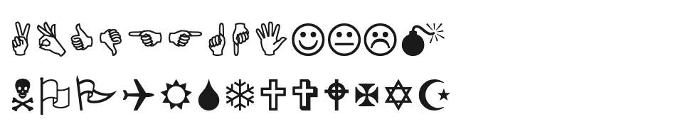 Wingdings: hand gestures, faces, a bomb, a skull and crossbones, flags, an airplane, sun, droplet, snowflake, crosses, a star of David and a crescent