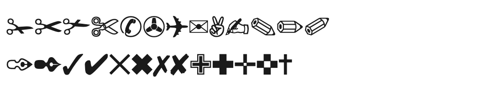 Zapf Dingbats: scissors, a telephone, an airplane, an envelope, a victory hand, pencils and pens, check marks, crosses and ballot X marks