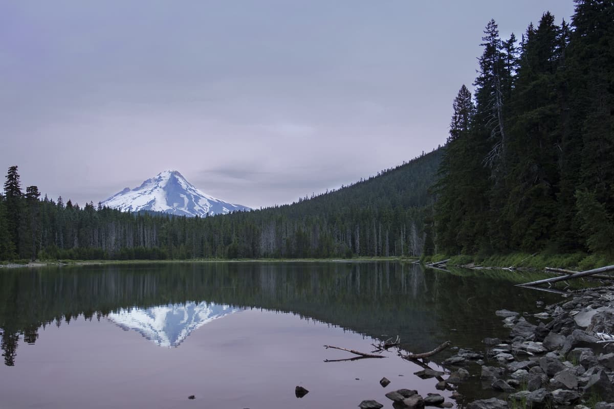 A snow-covered mountain above a still forest lake, its peak reflected in the water.