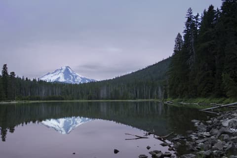 A forest lake below a snow-covered mountain, fading out toward the bottom.